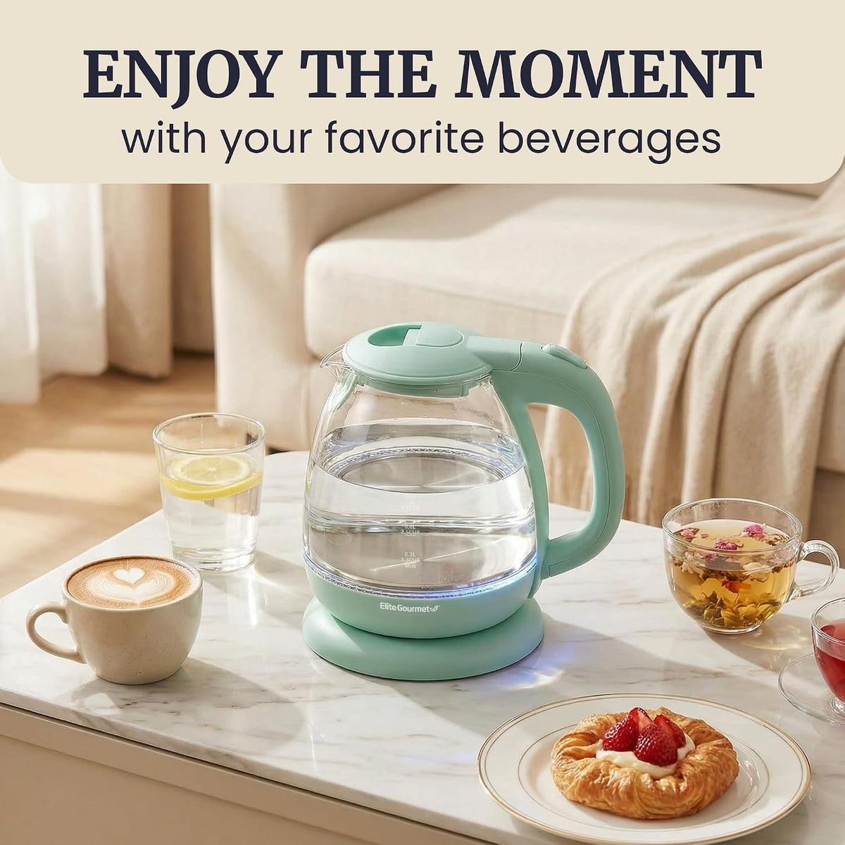 Elite Gourmet 1L Glass Electric Water Kettle, BPA-Free Fast Boil, Mint