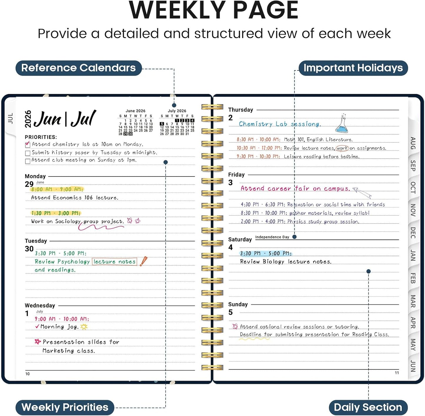 Planner 2026-2027, Academic Monthly and Weekly Calendar Planner for Women, July 2026 - June 2027, Hardcover Pretty Agenda Planner Book with Tabs, Spiral Daily Organizer for School Office Home Supplies, 6.3" x 8.5" - Blue Floral