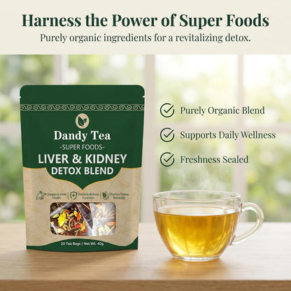 Dandy Superfoods Liver and Kidney Detox Tea,Liver Detox Tea - Dandelion Goji Berry Tea | Natural Herbal Blend - 20 packs