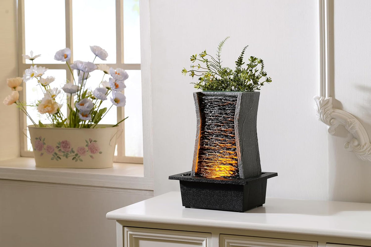 GOSSI 3-Tier Stone Wall Tabletop Water Fountain with Natural River Rocks, LED Lights, Zen Meditation Waterfall for Office and Home Decor, Relaxing Desktop Fountain, Christmas Decoration