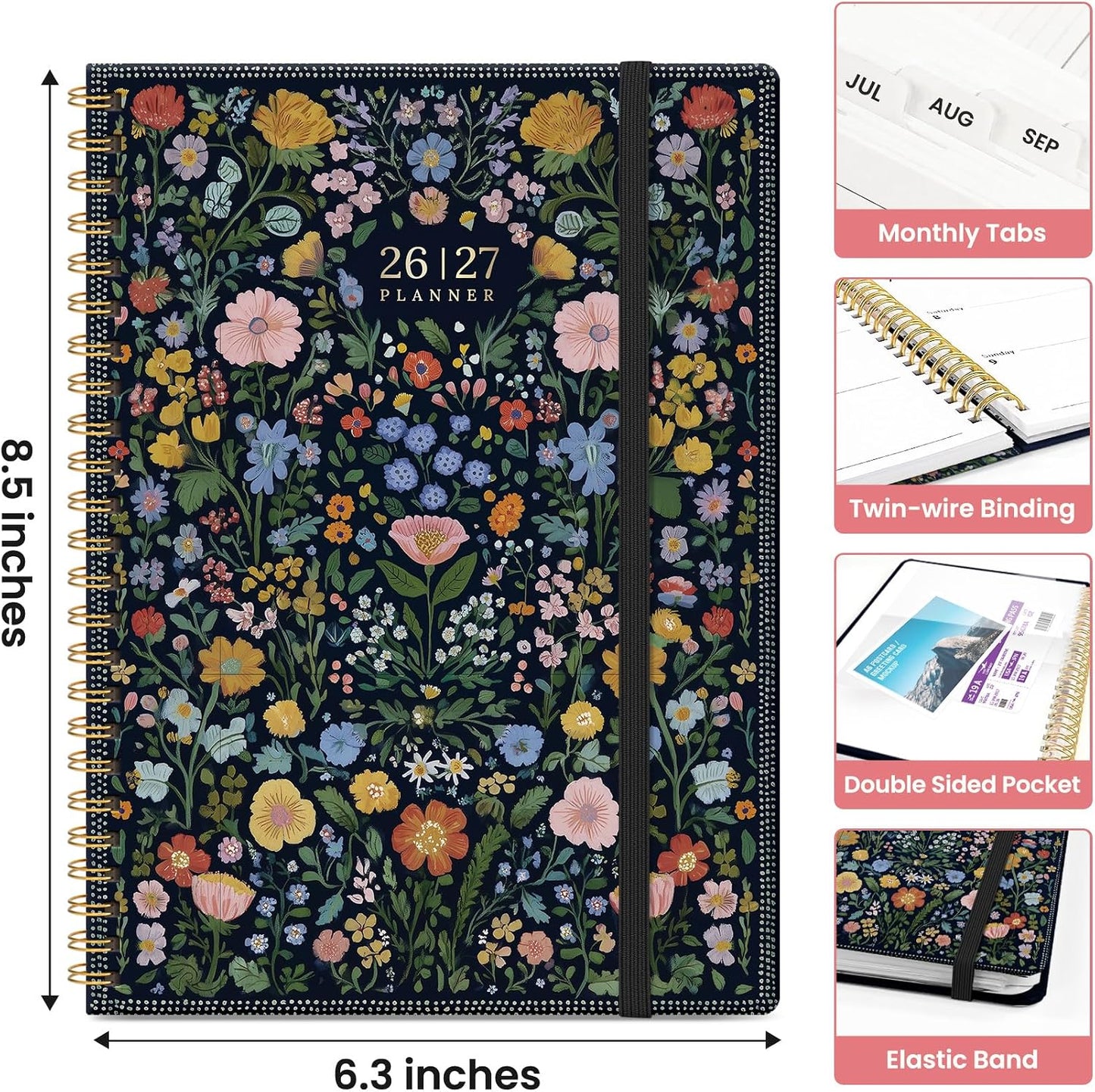 Planner 2026-2027, Academic Monthly and Weekly Calendar Planner for Women, July 2026 - June 2027, Hardcover Pretty Agenda Planner Book with Tabs, Spiral Daily Organizer for School Office Home Supplies, 6.3" x 8.5" - Blue Floral