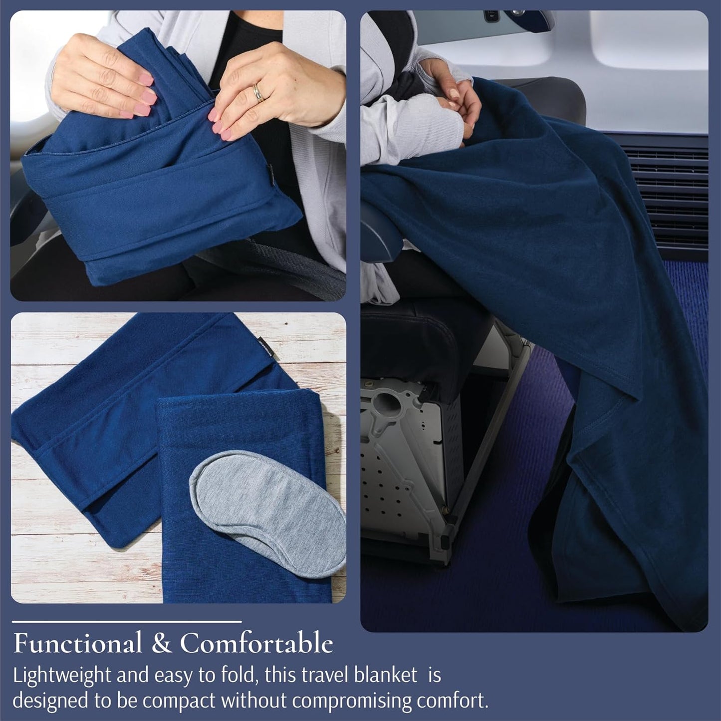 Brookstone Travel Blanket - 2-in-1 Super Soft Lightweight Throw Blanket with Carrying Pouch, Airplane & Car Travel Essentials, Blue