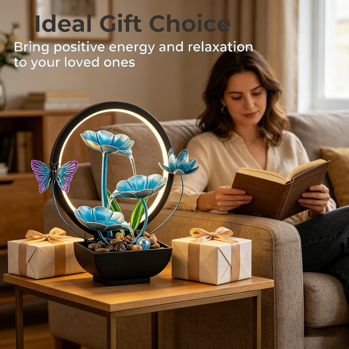 Tabletop Fountain,Indoor Water Fountain,Home Fengshui Décor Zen Relaxation Soothing Sound Machine for Office,Living Room,or Bedroom,Green Lotus,Hummingbird & Pink Flower,9.1inch