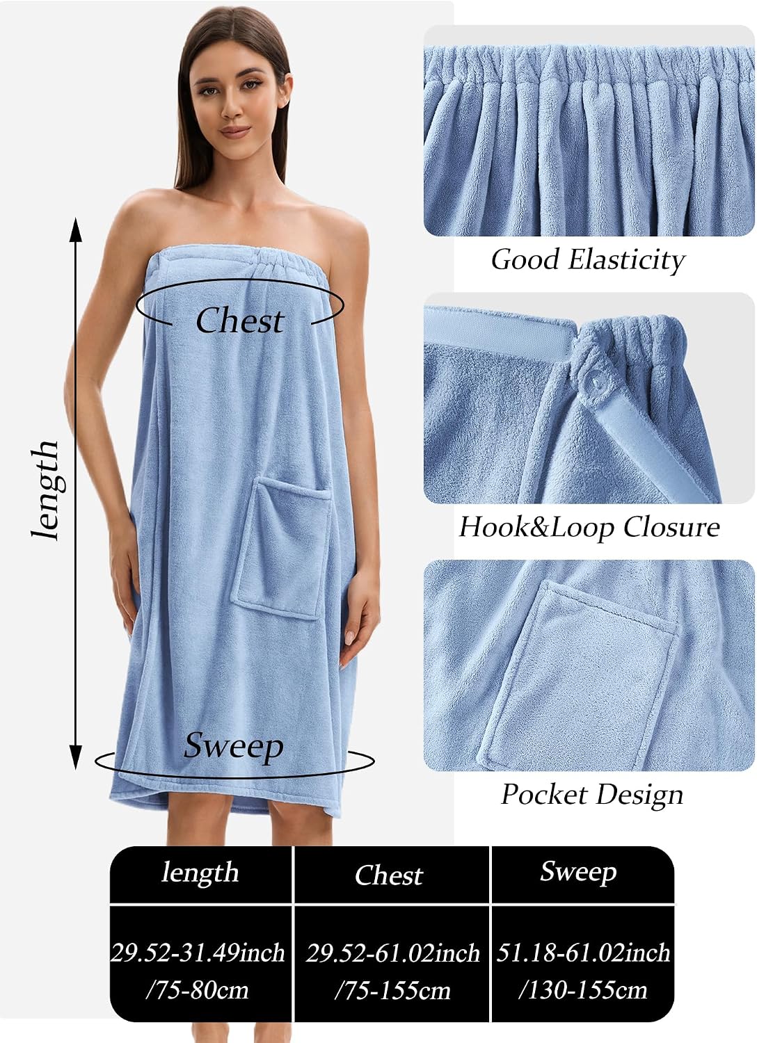 Towel Wrap For Women After Shower，Plush Bath Robe Female，Sauna Spa Wrap Around Towels With Pockets