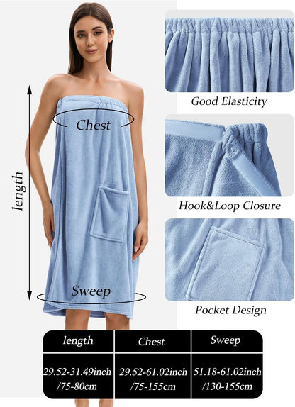 Towel Wrap For Women After Shower，Plush Bath Robe Female，Sauna Spa Wrap Around Towels With Pockets