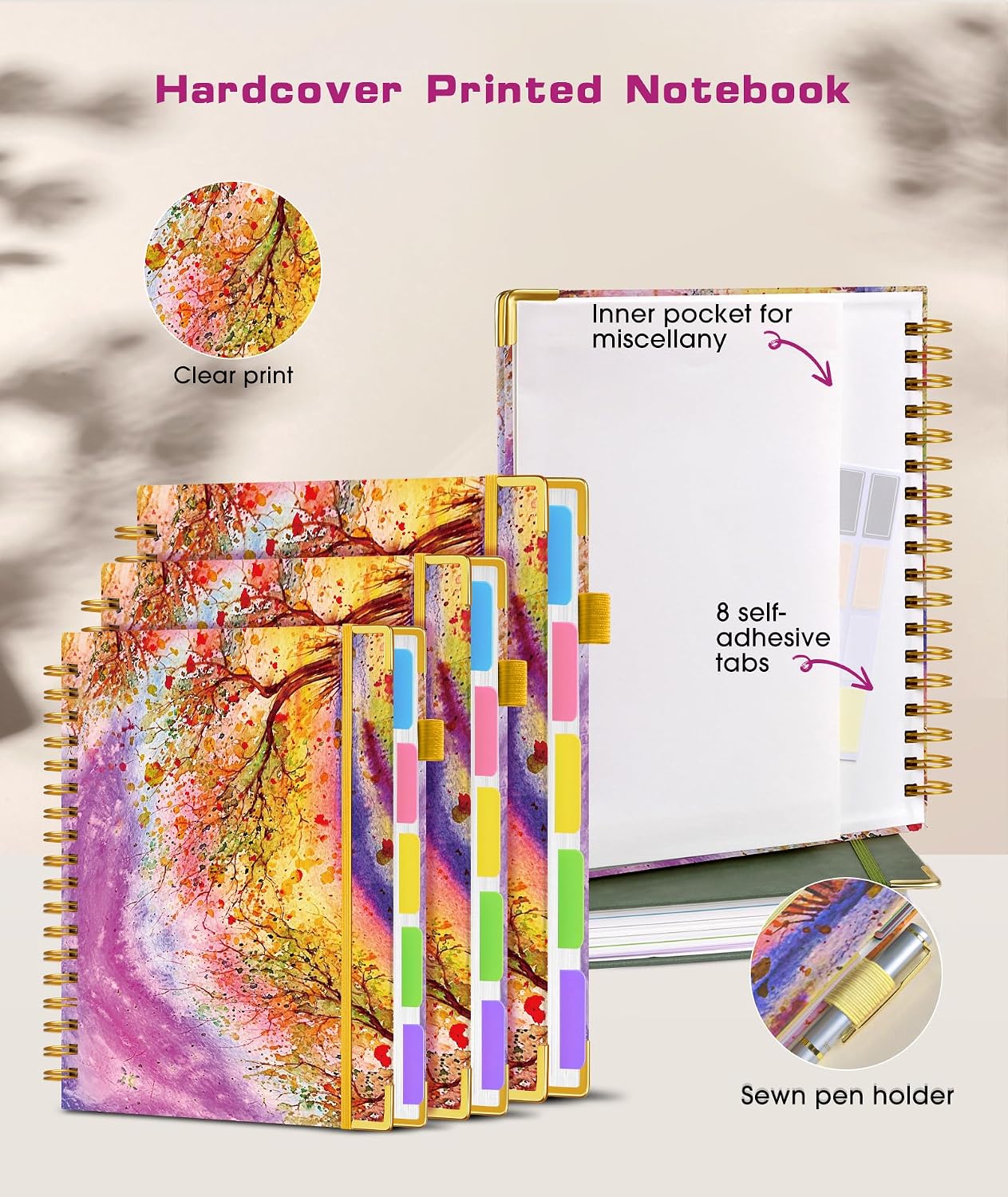 Hardcover Spiral Notebook journal with Removable Dividers Tabs, 300 Pages Leather 5 Subject Notebook College Ruled, 8"x10" Large B5 Notebooks for Work School Note taking, Lined Journal for Women,Black
