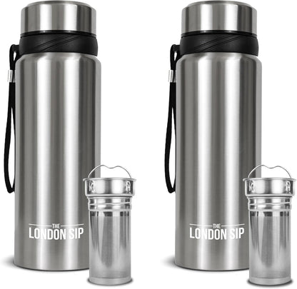 London Sip 25 oz Multi-Function Travel Mug and Tumbler Tea Infuser Water Bottle Fruit Infuser Flask Hot and Cold Double Wall Stainless Steel Coffee Thermos, Zen Black