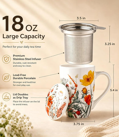 AmorArc 18oz Porcelain Tea Mug with Infuser & Lid, Loose Leaf Tea Cup with Stainless Steel Strainer, Large Coffee Mug Gift for Women, Tea Lovers, Home & Office