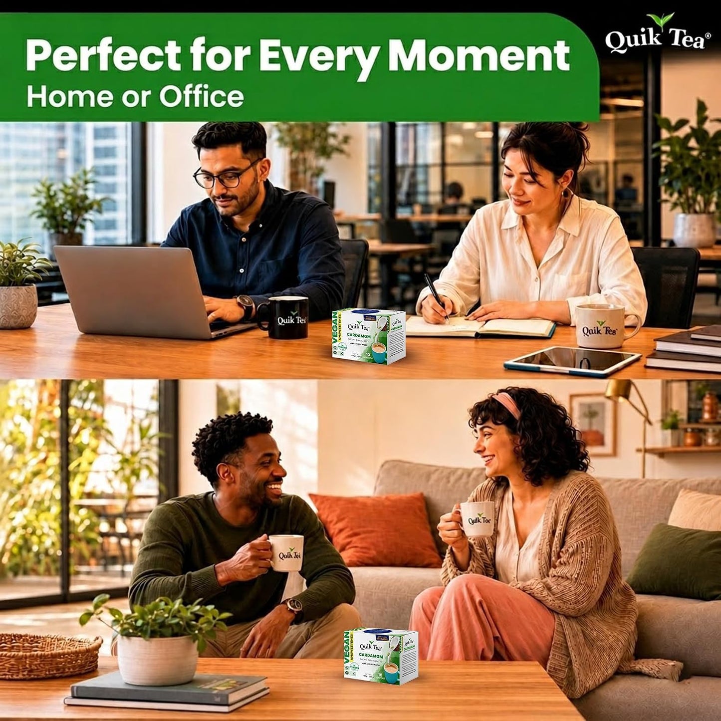 QuikTea Instant Masala Chai Tea Latte, 20 Single-Serve Sachets, Artisanal Indian Chai Latte Mix, Just Add Hot Water, Low Caffeine, Non-GMO, Gluten Free.