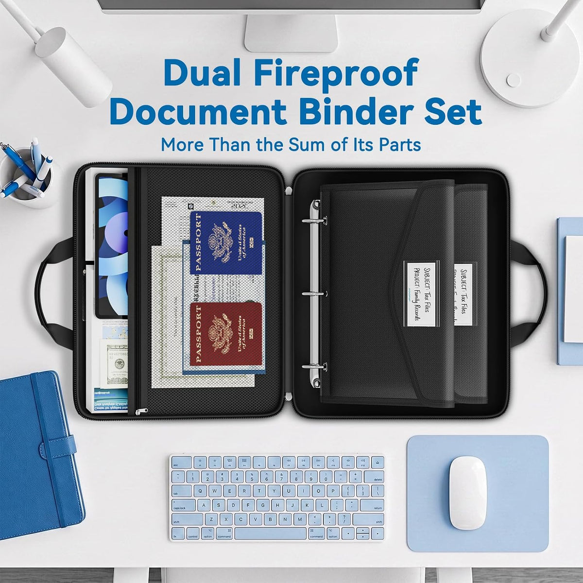 Fireproof Binder Organizer with 20 Pack Binder Pockets & Lock,Black