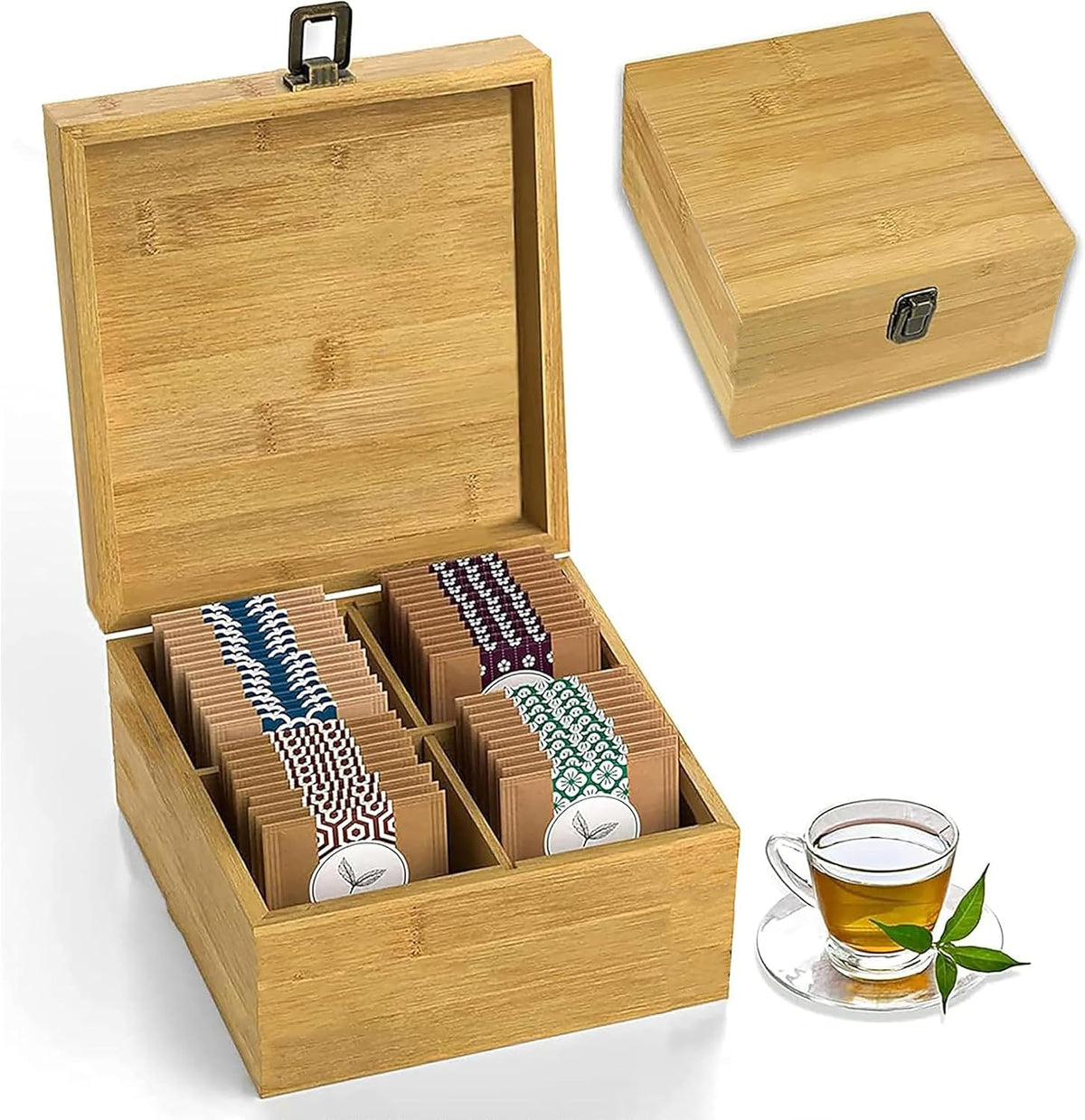 Tea Organizer Box Food Safe Chemical Free Bamboo Wood Storage Chest Big, Tall, Adjustable Cubbies (8-Slot 14.3" x 8.1" x 4.2" with TEA print design)