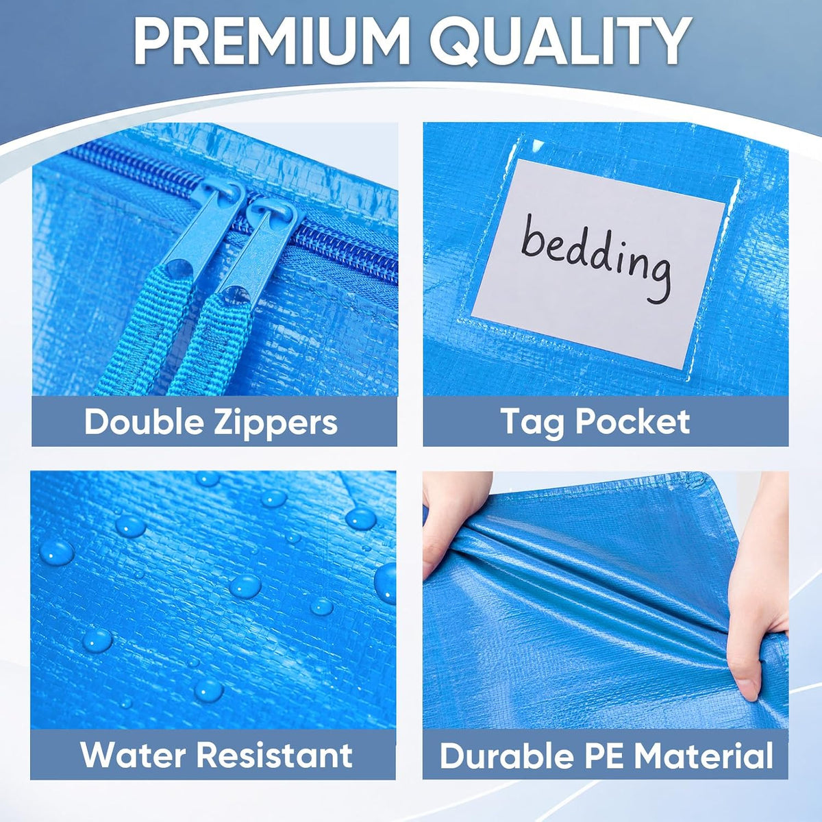 TICONN Extra Large Moving Bags Heavy Duty with Zippers & Carrying Handles, Durable Storage Bags Moving Boxes for Closet Organizers and Storage (Blue)