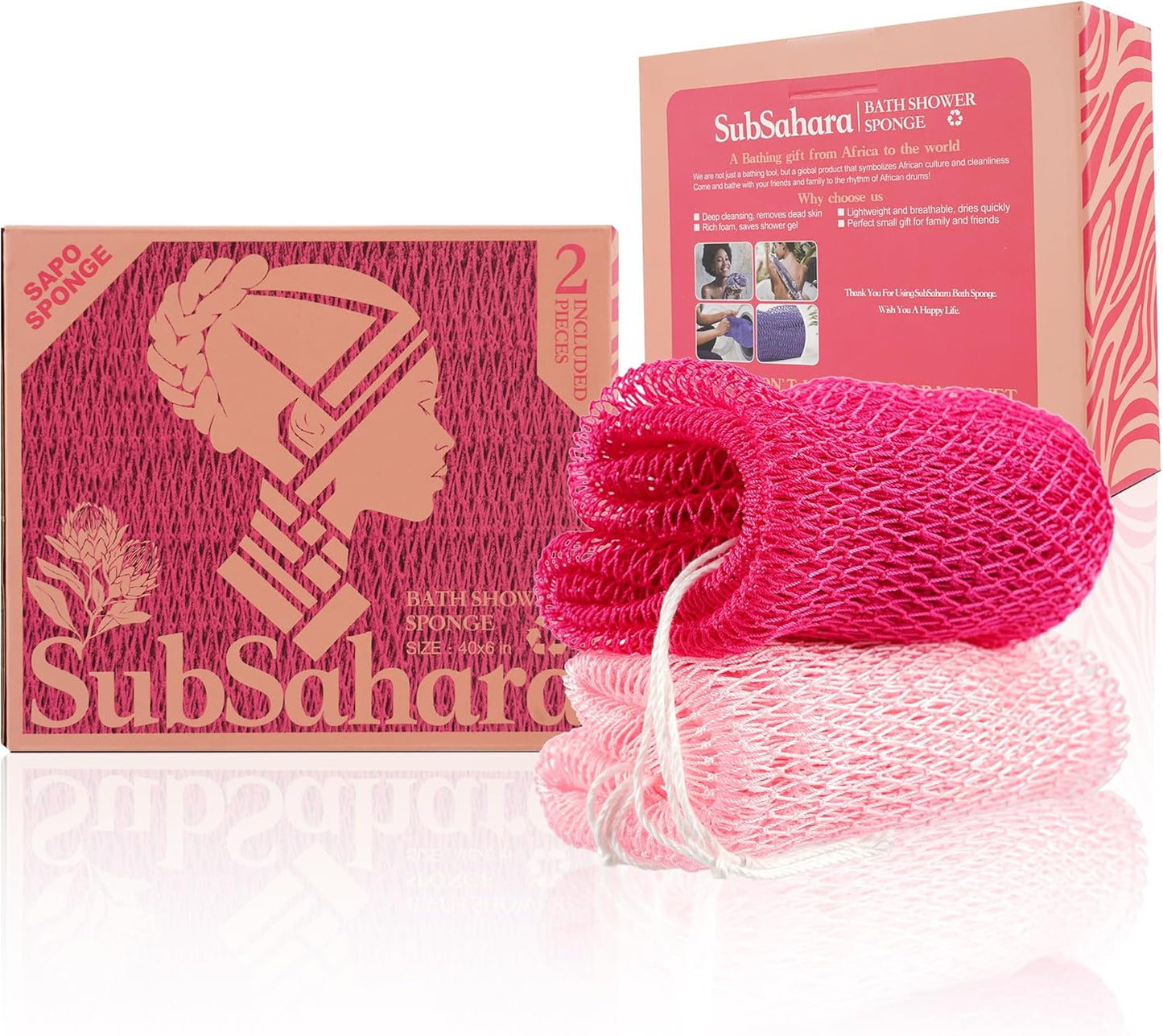 SubSahara Authentic African Net Sponge - 2 Pack Exfoliating Bath & Shower Loofah Sponge for Body & Face, Gentle Scrubber for All Skin Types, Travel, Durable Polyester (Olive Green & Light Green)