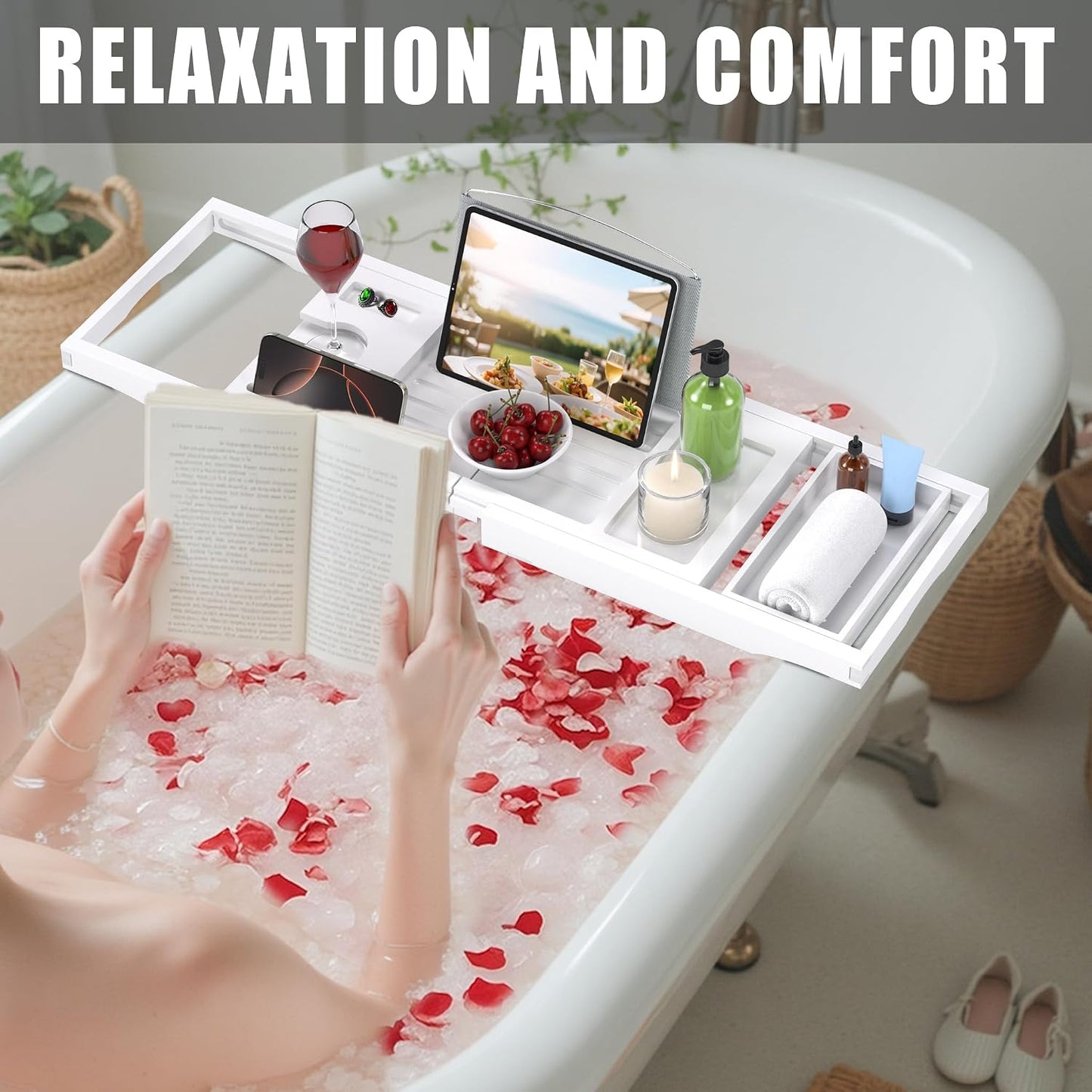 Foldable Bathtub Caddy Tray for Tub,Bamboo Expandable Bath Table Trays,Premium Bathroom Accessories for New Home & Mothers Day & Birthday Gifts for Couples,Natural