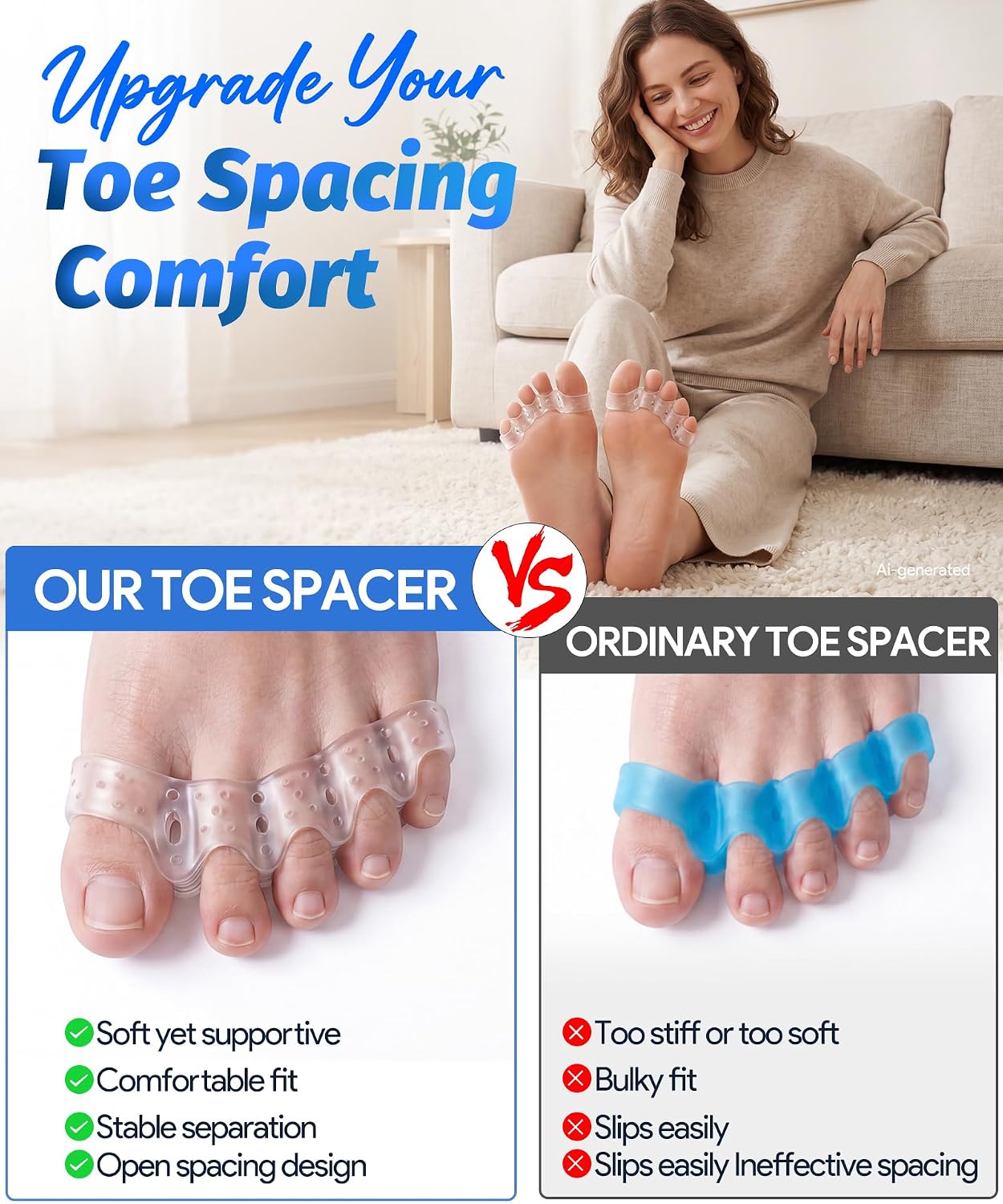 Toe Spacers for Women and Men, Silicone Toe Separators with Breathable Airflow Channels, Soft Washable Reusable Design for Daily Use, Stretching and Comfort, 1 Pair