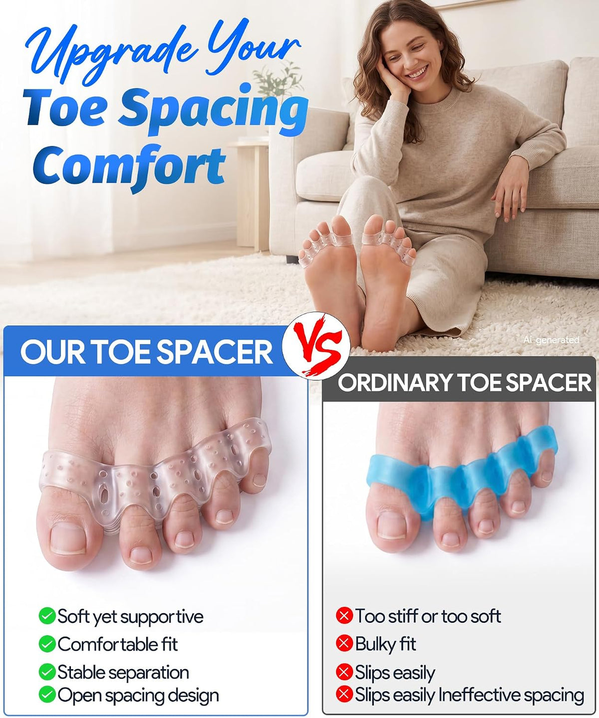 Soft Toe Spacers for Women and Men, Silicone Toe Separators with Breathable Airflow Channels, Washable Reusable Design for Daily Use, Stretching and Comfort, 1 Pair