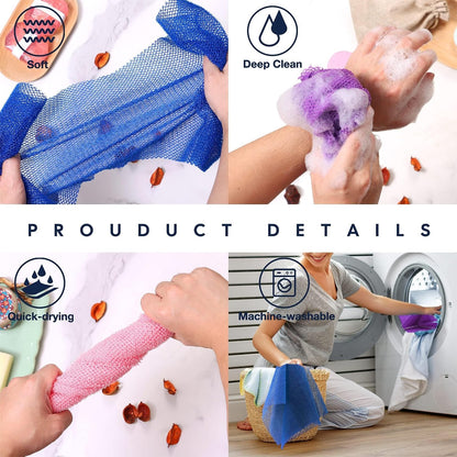 UJFQBH 3 Pieces African Bath Sponge African Net Long Net Bath Sponge Exfoliating Shower Body Scrubber Back Scrubber Skin Smoother,Great for Daily Use (Pink,Yellow,Purple)