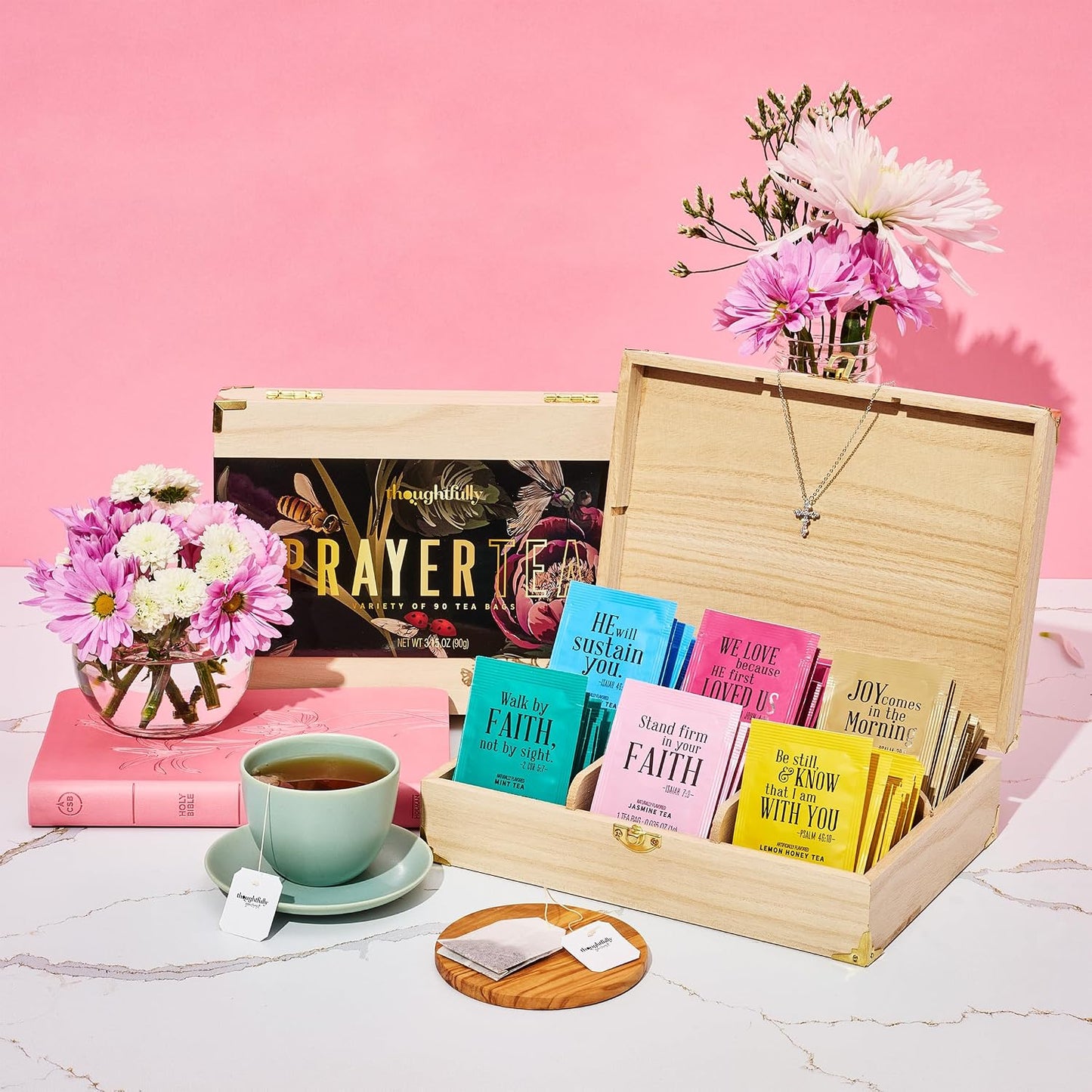 Thoughtfully, Tea Affirmations Christian Prayer Gift Set for Women, Religious Tea Gift with 6 Flavors and Bible Verses from Psalms and Other Books to Rejoice Pack of 90