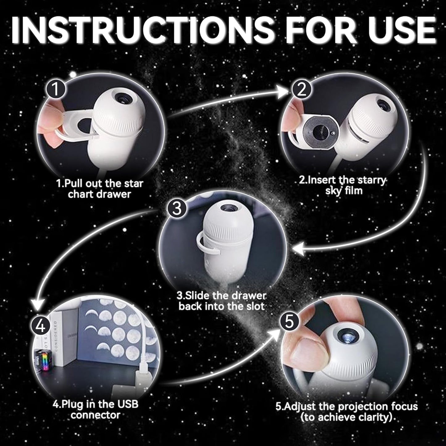 2-in-1 Galaxy Projector Night Light with 5 Projection Films for Bedroom | Adjustable Brightness & Focus, 360° Rotating Design, USB Starry Sky Night Light Projector for Bedroom Car Ceiling Decor
