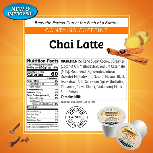 Twinings Chai Latte Black Tea 72 K-Cup Pods for Keurig, 12 Count (Pack of 6), Creamy, Slightly Sweet, Less Sugar, Caffeinated, Enjoy Hot or Iced