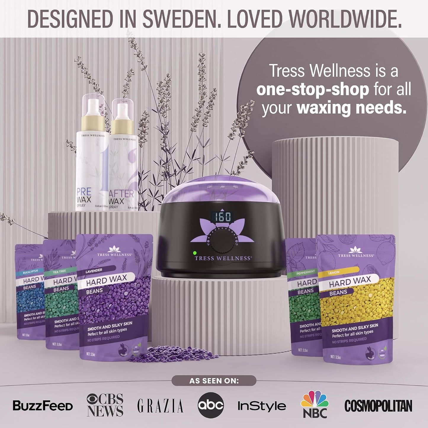 Tress Wellness Award Winning Waxing Kit for Sensitive Skin, Safe for Face & Skin, Easy to Use, At-Home Kit for Face, Bikini, Brazilian & Full Body - Digital Display, Black Purple Flower