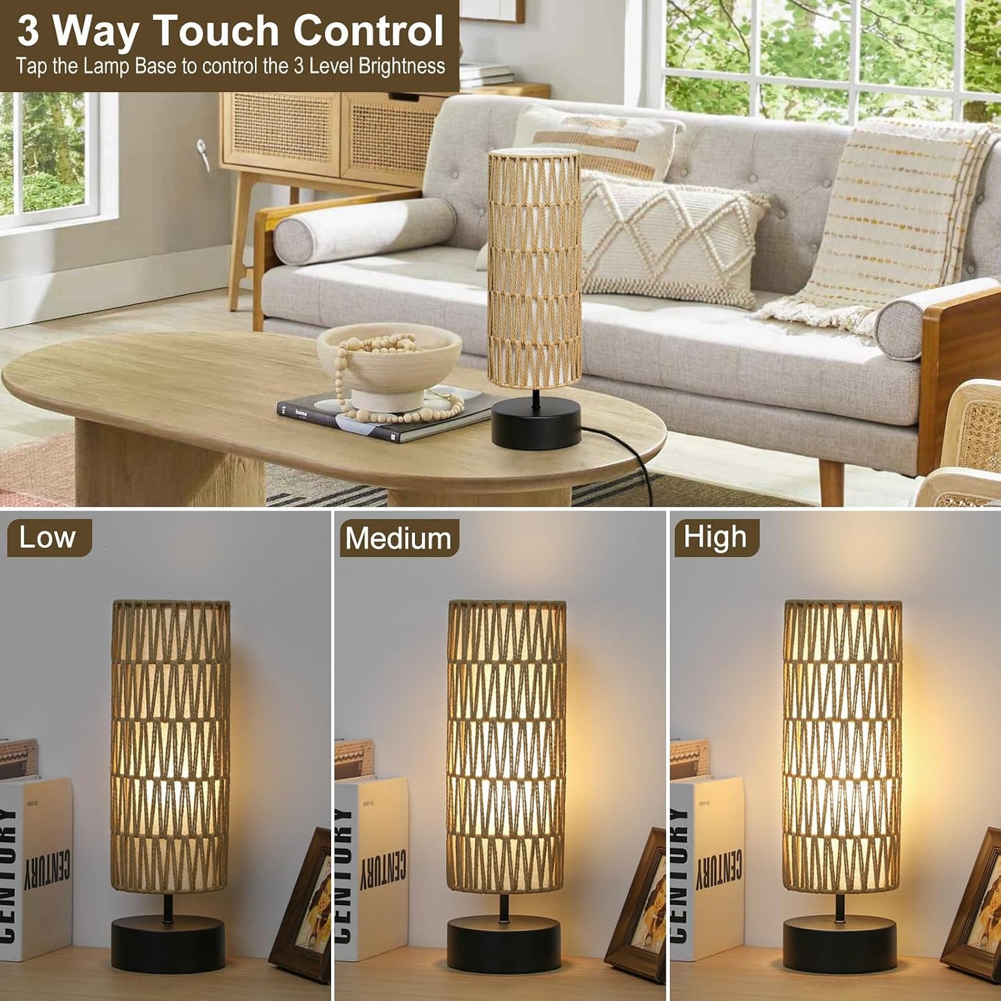Touch Table Lamp, 3-Way Dimmable Modern Minimalist Accent Bedside Lamp with Cylinder Fabric Shade, Night Light Nightstand Desk Lamp for Bedroom Living Room Kitchen, 9W LED Bulb Included