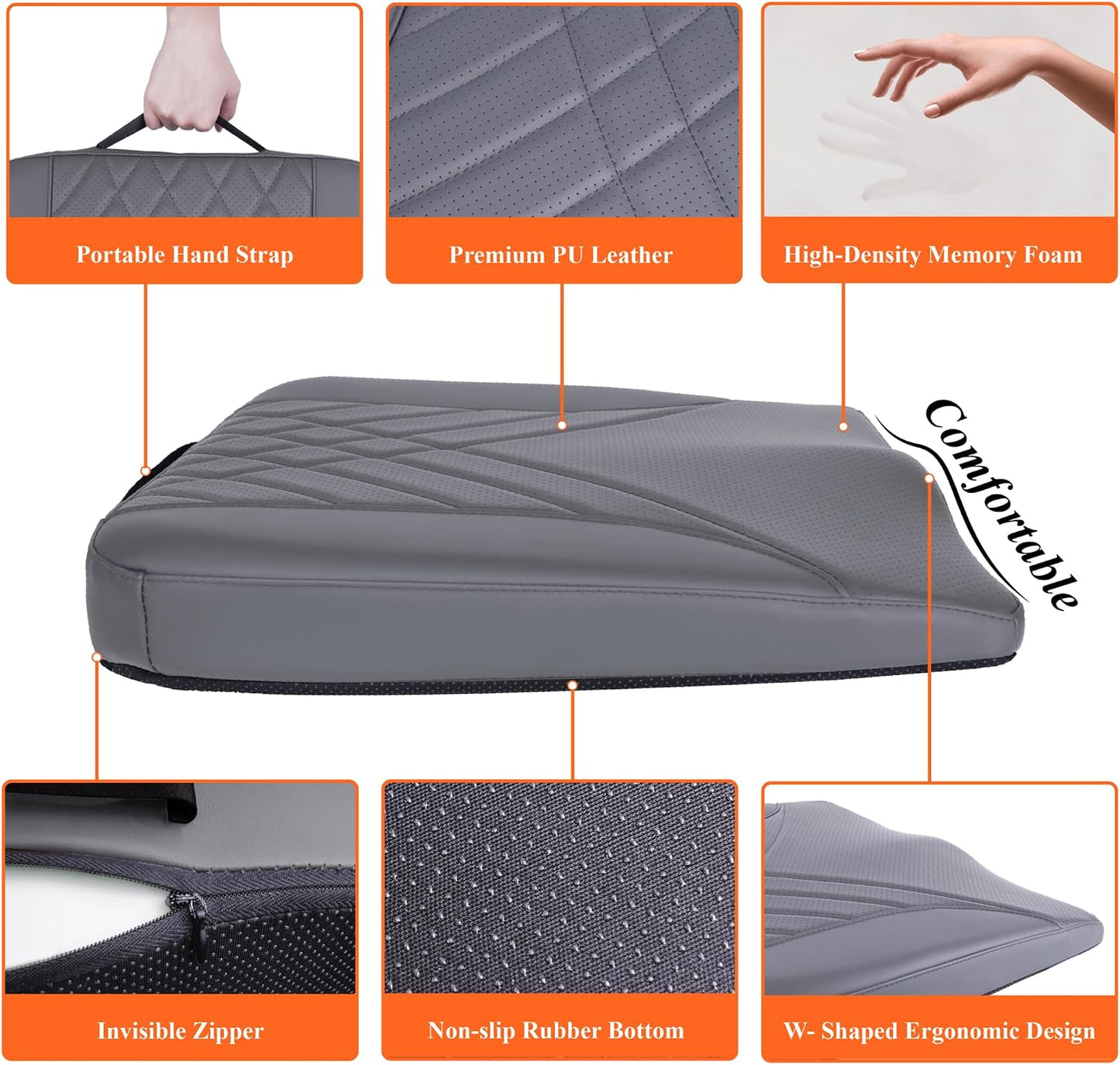 kingphenix Premium Car Seat Cushion, Memory Foam Driver Seat Cushion to Improve Driving View- Coccyx & Lower Back Pain Relief - Seat Cushion for Car, Truck, Office Chair (Leather Black)