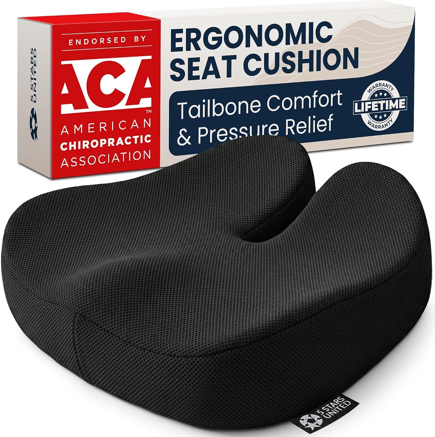 5 STARS UNITED Seat Cushion - Memory Foam Chair Cushion for Tailbone Pain Relief - Ergonomic Support for Coccyx, Sciatica & Butt - Office, Desk & Gaming Chair, Car Seat, Wheelchair, Black Suede