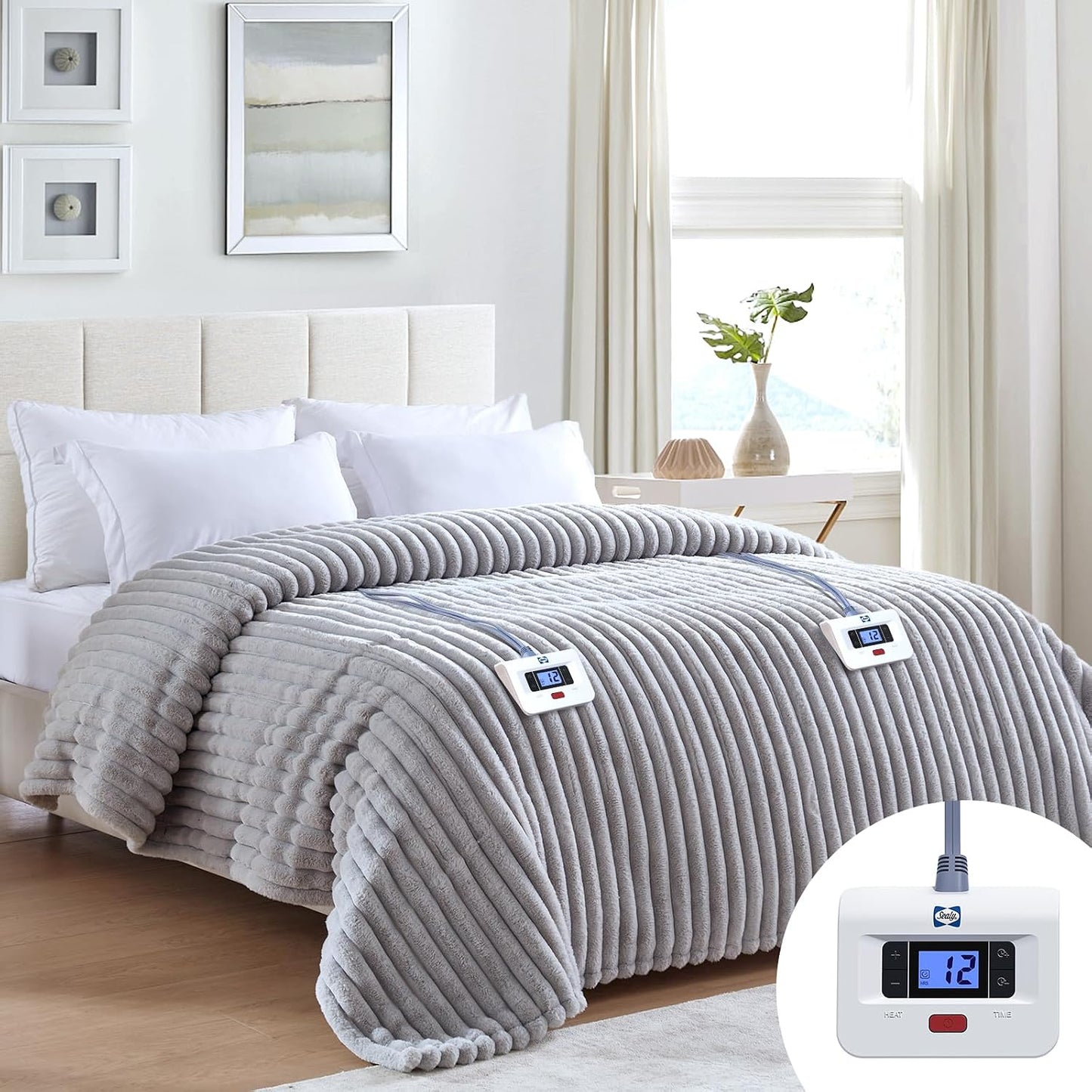 Sealy Electric Blanket Throw Size 50"*60",Super Cozy Faux Fur to Sherpa Reversible Heated Blanket Throw with 6 Heating Levels & 2-10 Hours Auto Off Overheating Protection Machine Washable,Blue White