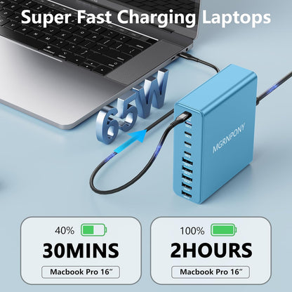 320W USB C Charger Block, MGRNPONY 10-Port GaN USB C Charging Station Black