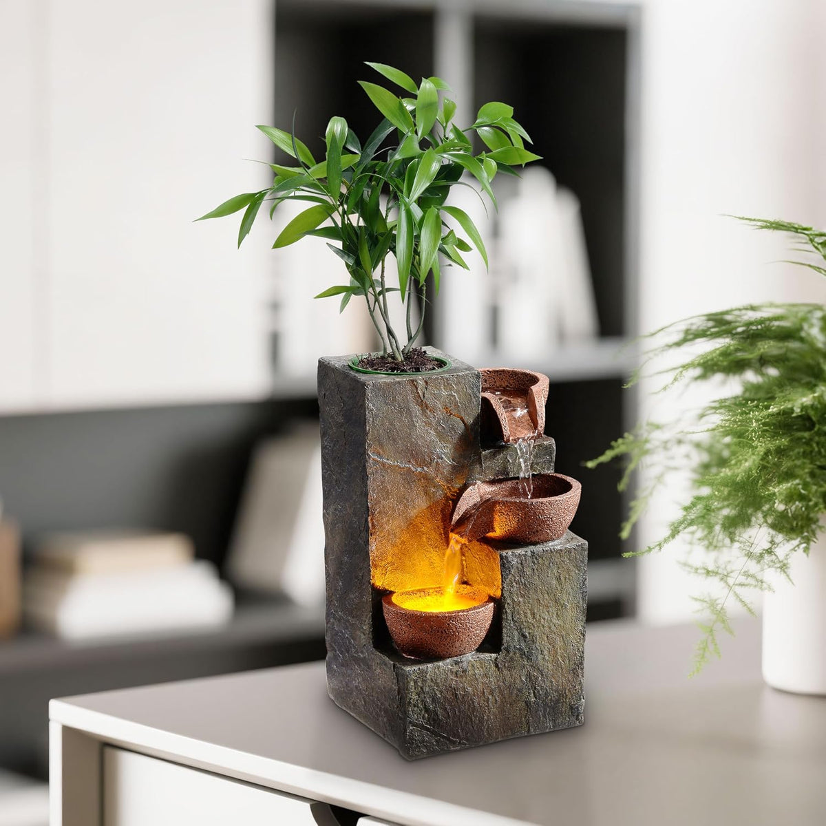 Tabletop Water Fountain – 3-Tier Rock Indoor Waterfall Fountain