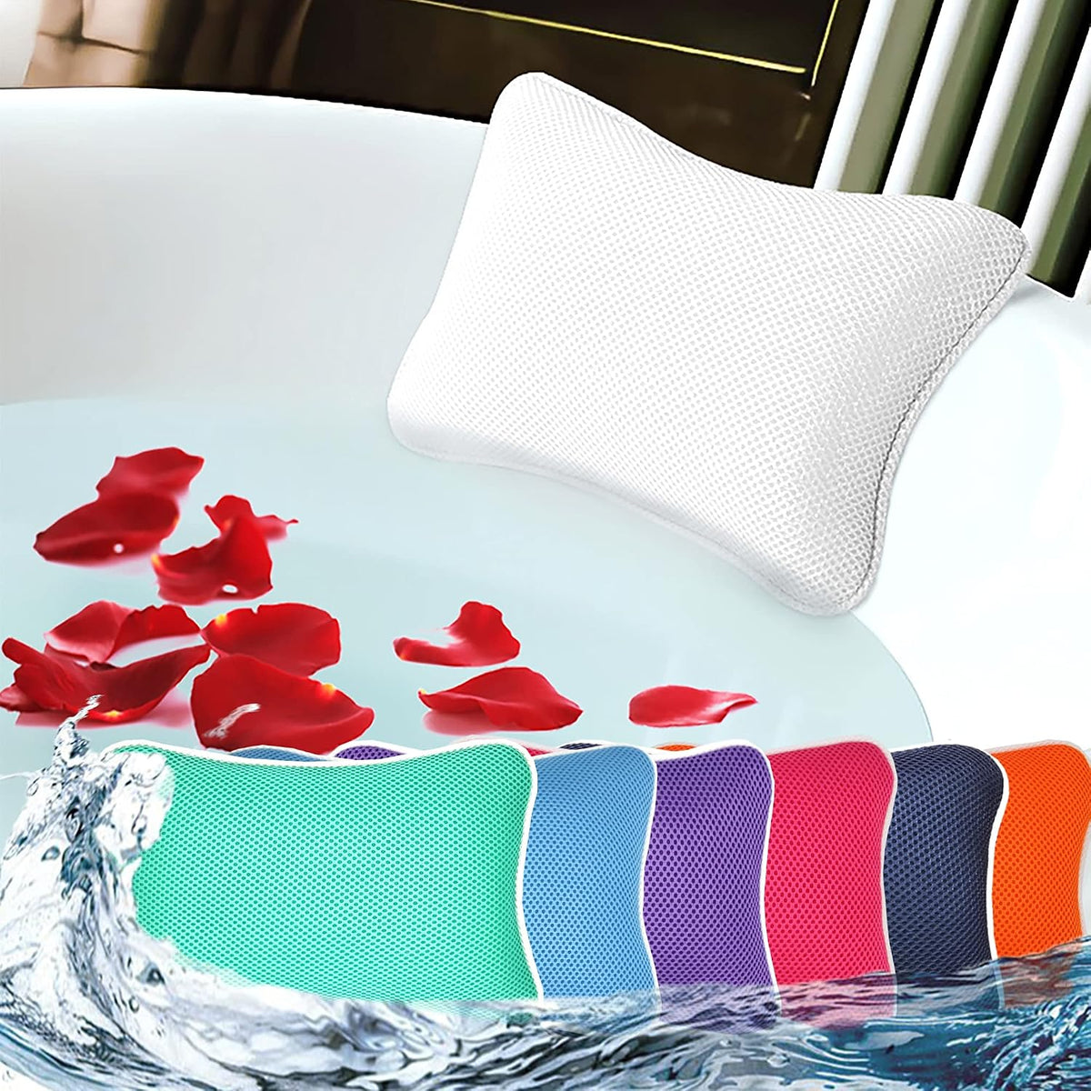 Bathtub Pillow, Non Slip, Breathable Soft, Comfortable Head Neck Support, Machine Washable, 2 Large Suction Cups (White)
