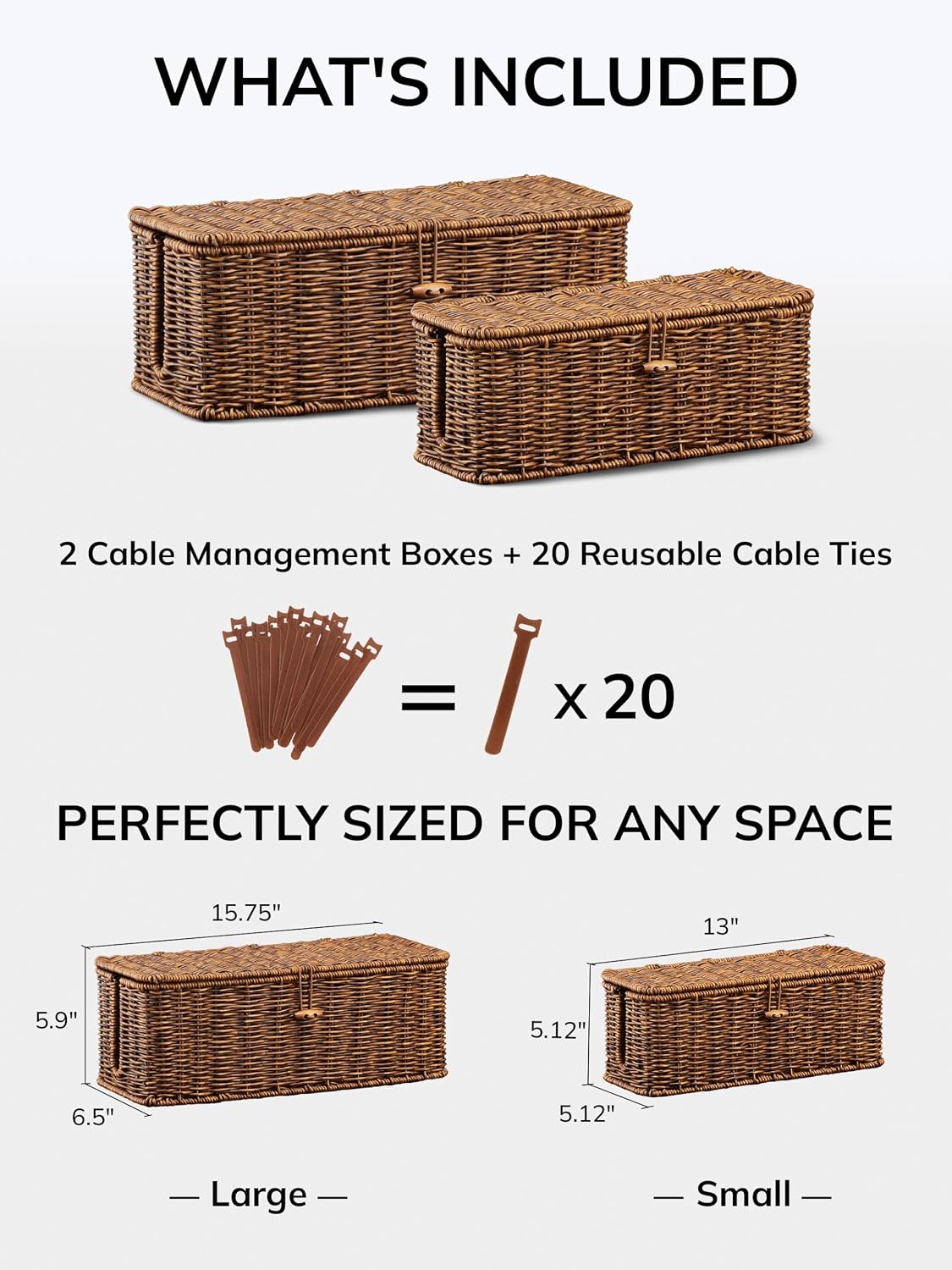 Cable Management Box, Cord Organizer with Lid & Cable Ties - Brown, L