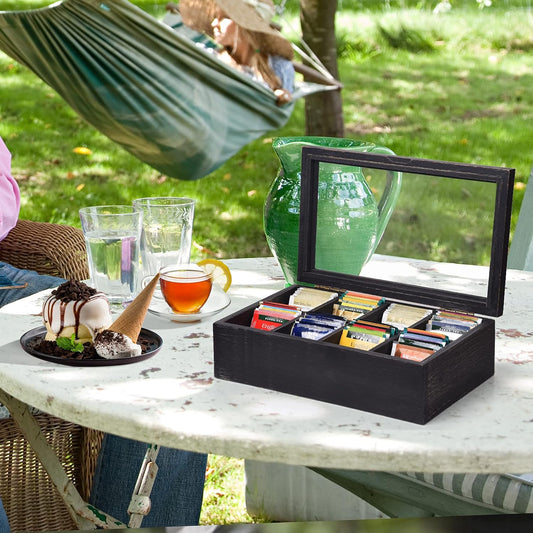 Alsonerbay Wooden Tea Box with Lid & 8-Compartment, Weathered Black