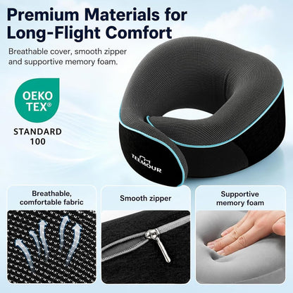 Travel Pillow Neck Pillow for Airplane Travel Essentials - Memory Foam Travel Neck Pillow, Stops Head Bobbing With Eye Mask & Earplugs, Portable Carry Bag for Long Flights| Airplane Accessories Black