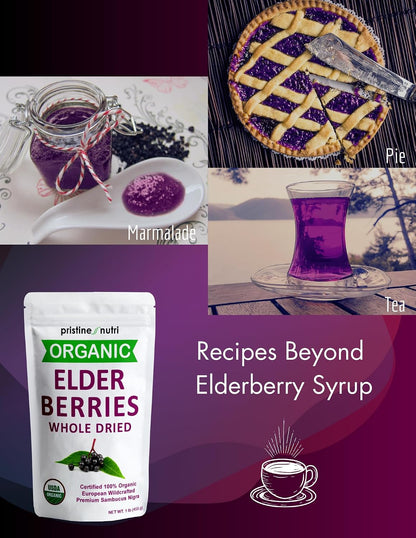 Organic Elderberries Dried Bulk | Whole European Elderberry Dried, Wildcrafted All Natural | Non-GMO, Non-irradiated | Immunity Booster Antioxidants and Vitamins | Make Syrup, Tea | 1 lb (16 oz)