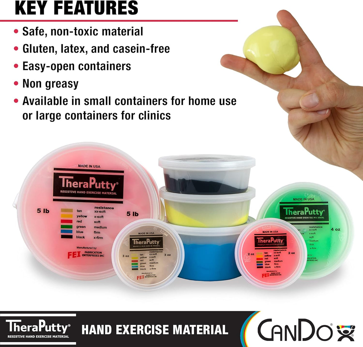 CanDo TheraPutty Standard Hand Exercise Putty For Rehabilitation, Exercises, Hand Therapy, and Occupational Therapy. Use To Strengthen Hand Muscles, Improve Fine Motor Skills, And Decrease Stress