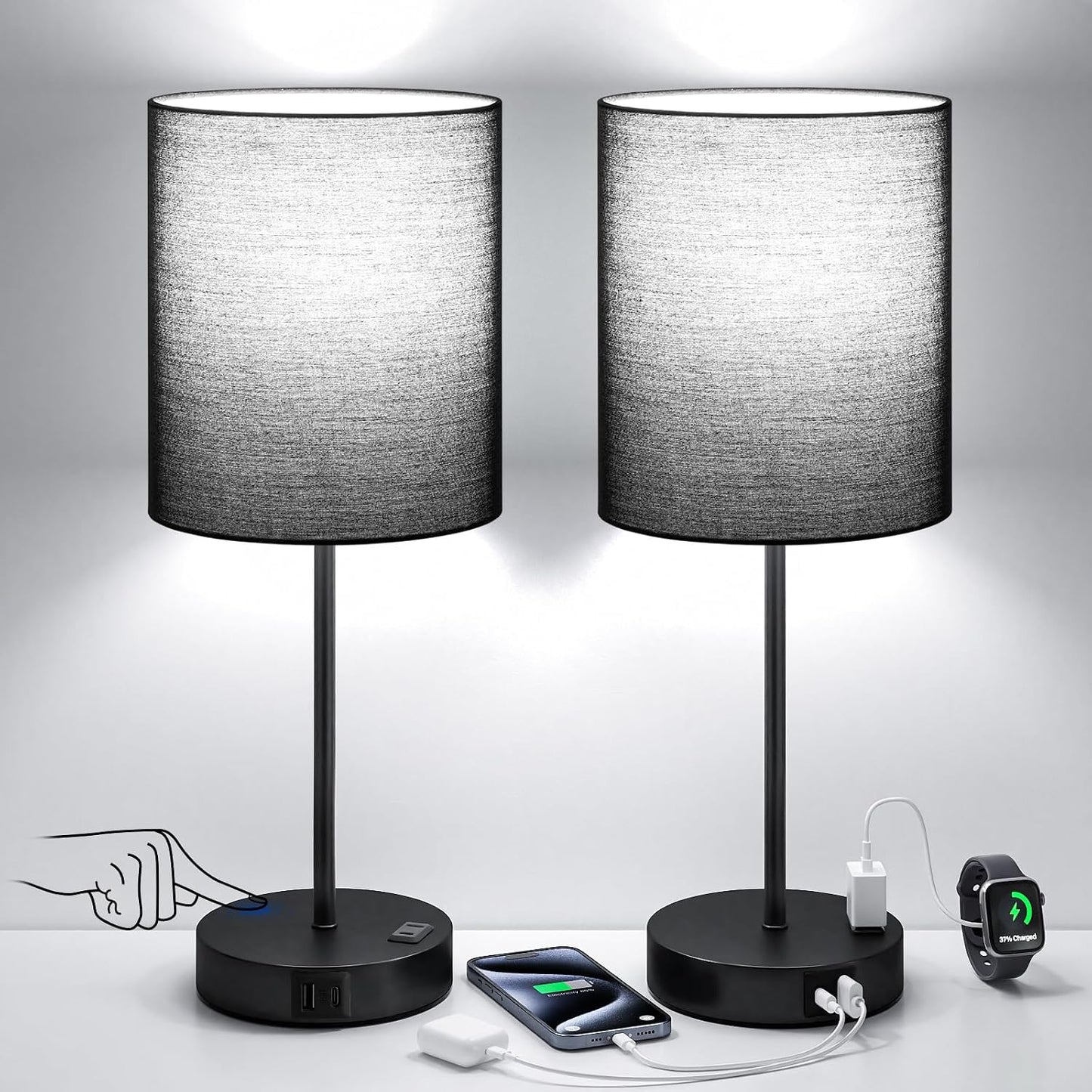 Blue Touch Lamps for Nightstand Set of 2 - Bedside Table Lamp for Bedroom with Dual USB Ports & AC Outlet, 3-Way Dimmable Lamps for Living Room Boys Room, Night Light with 5000K Daylight Bulbs
