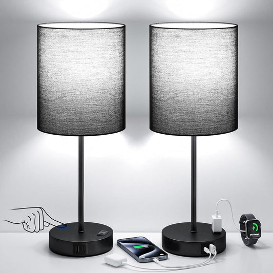 Blue Touch Lamps for Nightstand Set of 2 - Bedside Table Lamp for Bedroom with Dual USB Ports & AC Outlet, 3-Way Dimmable Lamps for Living Room Boys Room, Night Light with 5000K Daylight Bulbs