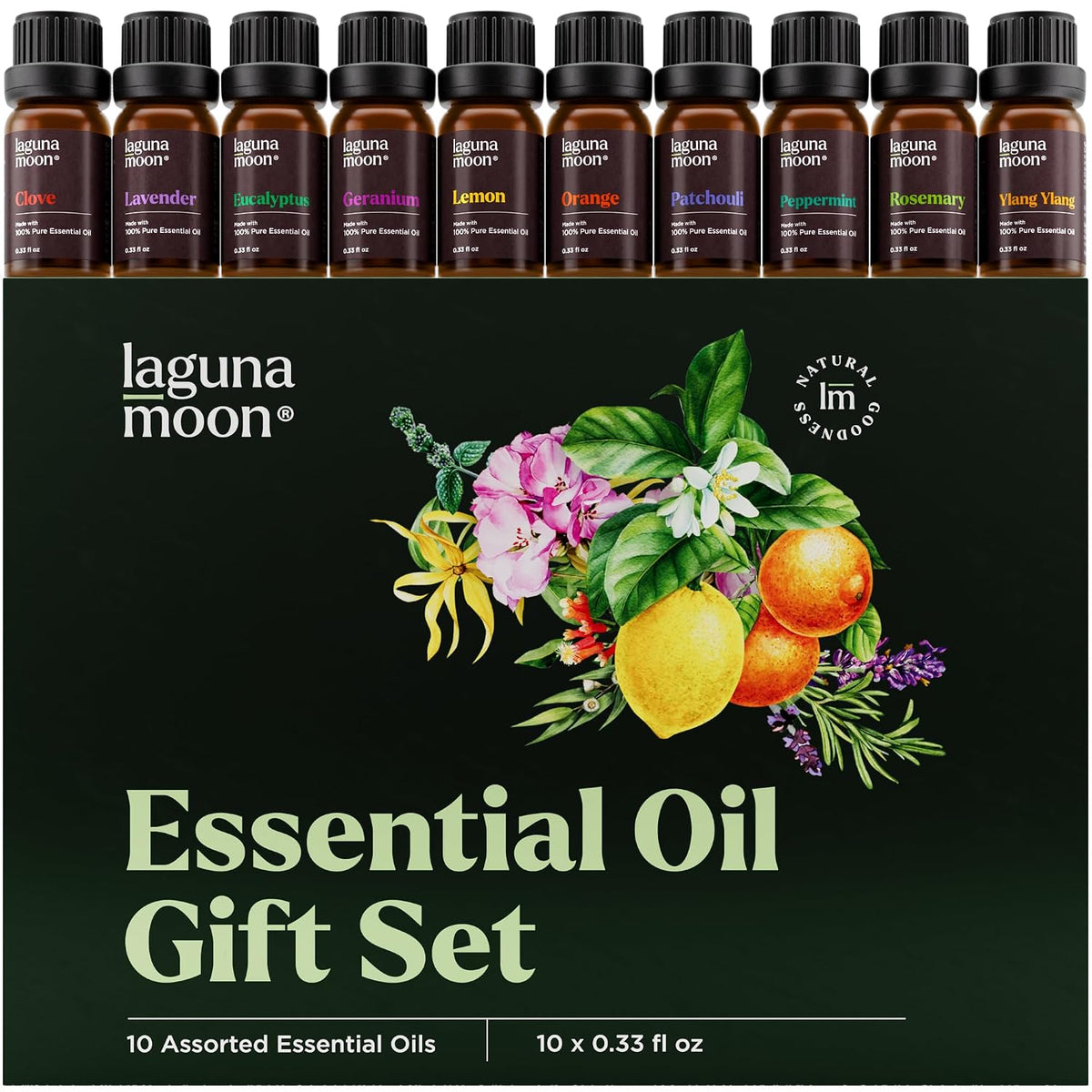 Lagunamoon Essential Oils Aromatherapy Set - 6 Oils for Diffusers, Home Care, Candle Making Scents, Fragrance, Humidifiers, Gifts - Peppermint, Tea Tree, Lavender, Eucalyptus, Orange (10mL)