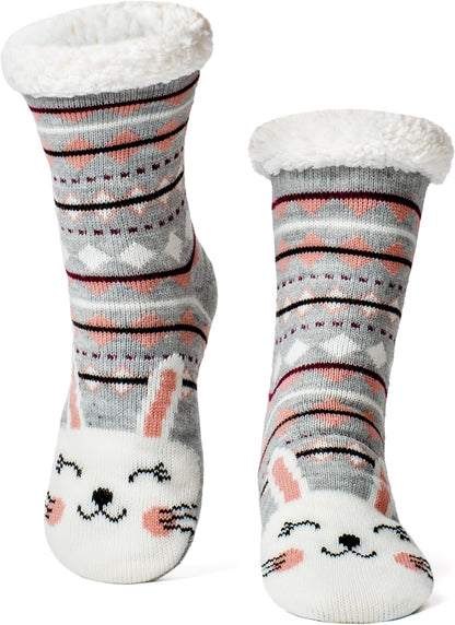 cosyone1997 Fuzzy Slipper Socks for Women Kids with Grips, Cute Animal Sherpa Lined Non-Slip Cozy Winter Socks Gifts