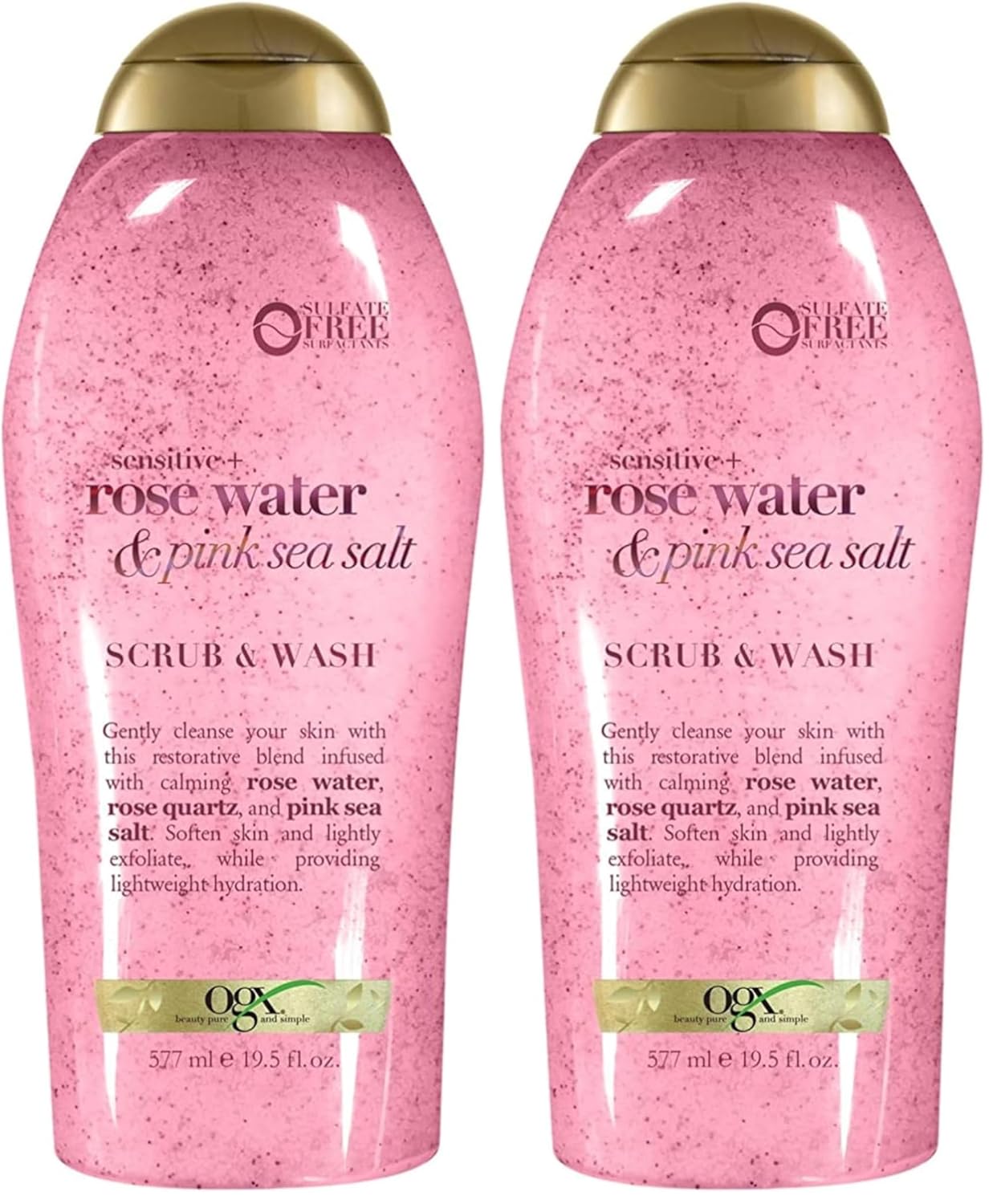 OGX Sensitive + Rose Water & Pink Sea Salt Exfoliating Body Scrub + Rose Quartz, Gentle Exfoliating Daily Body Wash Softens Skin, Body Scrub for Women, Sulfate-Free Surfactants, 19.5 fl oz