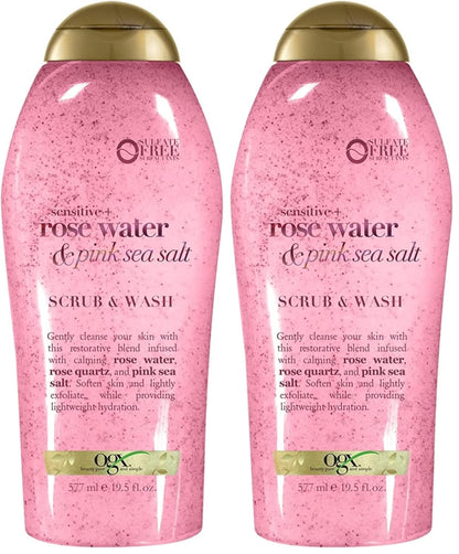 OGX Sensitive + Rose Water & Pink Sea Salt Exfoliating Body Scrub + Rose Quartz, Gentle Exfoliating Daily Body Wash Softens Skin, Body Scrub for Women, Sulfate-Free Surfactants, 19.5 fl oz