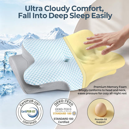 Cervical Neck Pillow for Pain Relief - Ergonomic Side Sleeper Pillow for Neck Support, Contour Orthopedic Cervical Pillow for Sleeping, Cooling Memory Foam Pillows for Back Stomach Sleepers (Blue)