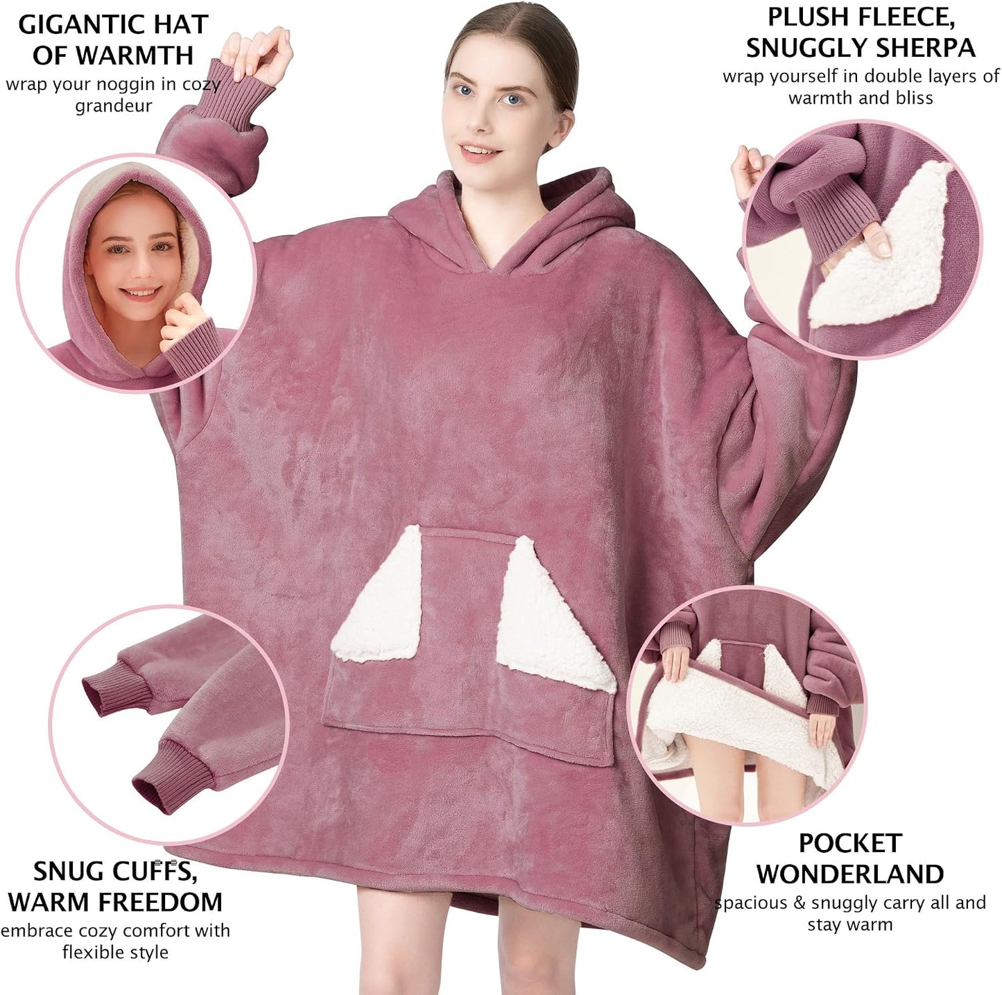 Touchat Wearable Blanket Hoodie, Oversized Sherpa Blanket Sweatshirt with Hood Pocket and Sleeves, Super Soft Warm Plush Hooded Blanket for Adult Women Men, One Size Fits All (Pink)