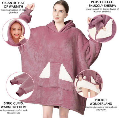 Touchat Wearable Blanket Hoodie, Oversized Sherpa Blanket Sweatshirt with Hood Pocket and Sleeves, Super Soft Warm Plush Hooded Blanket for Adult Women Men, One Size Fits All (Pink)