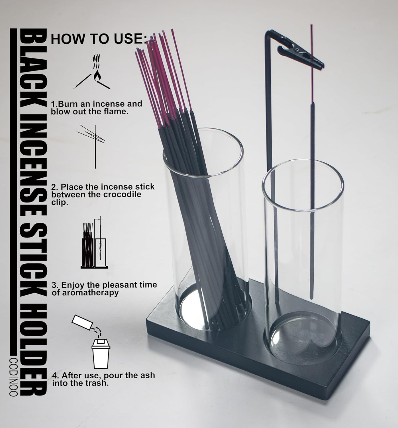 2 in 1 Incense Burner Holder for Sticks,Glass Incense Holder with Storage,Upside Down Incense Holder for Sticks with Glass Ash Catcher for Meditation Yoga Spa Room Home Decor[Full Black]