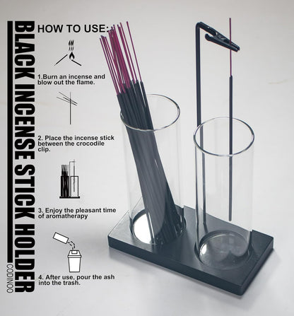 2 in 1 Incense Burner Holder for Sticks,Glass Incense Holder with Storage,Upside Down Incense Holder for Sticks with Glass Ash Catcher for Meditation Yoga Spa Room Home Decor[Full Black]