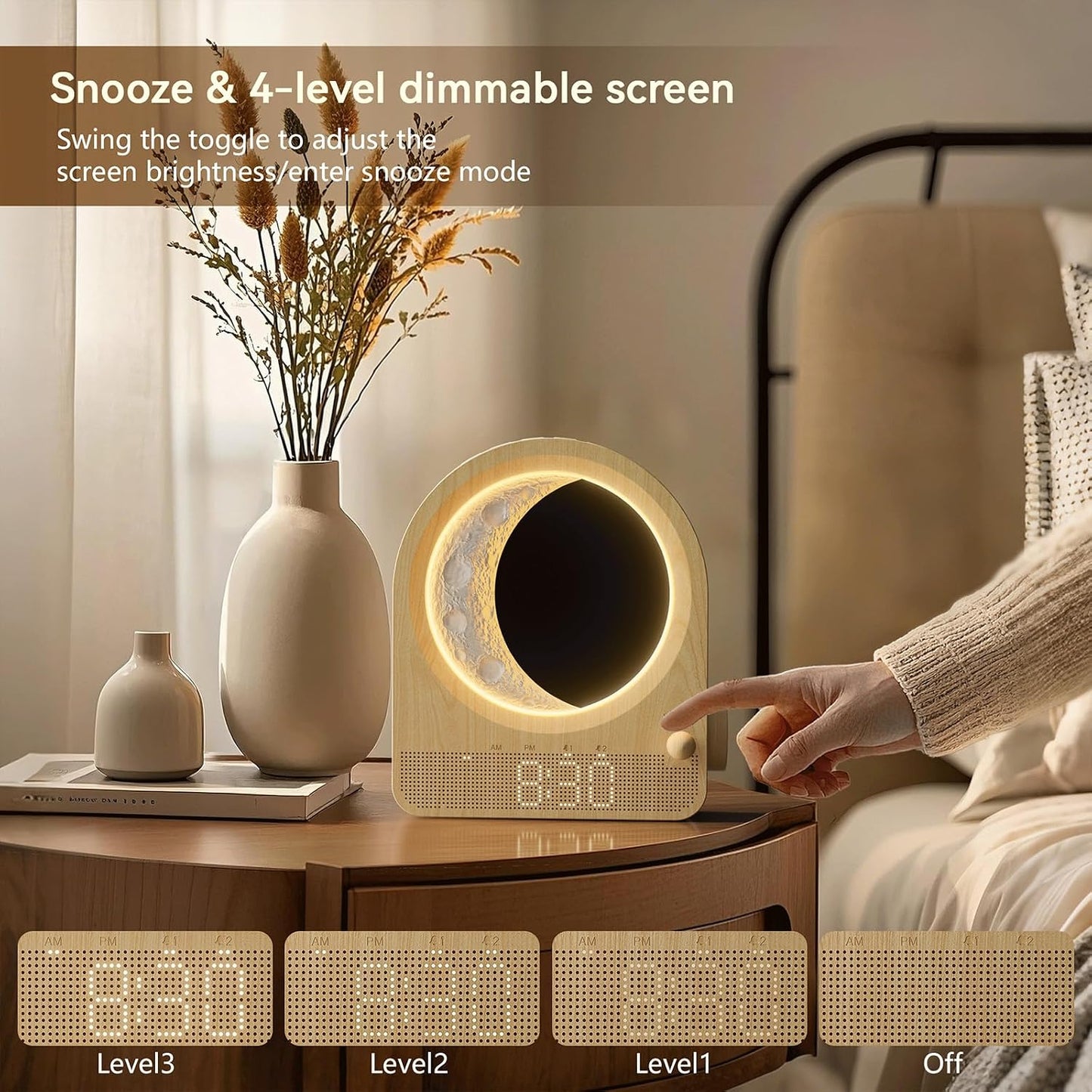 blonbar Sunrise Alarm Clocks for Bedrooms, Stepless Dimmable Moon Lamp Dual Alarm Clock with 12Levels Volume for Heavy Sleepers, 10 Natural Sounds with 30/60/90mins Timer, Gifts for Women