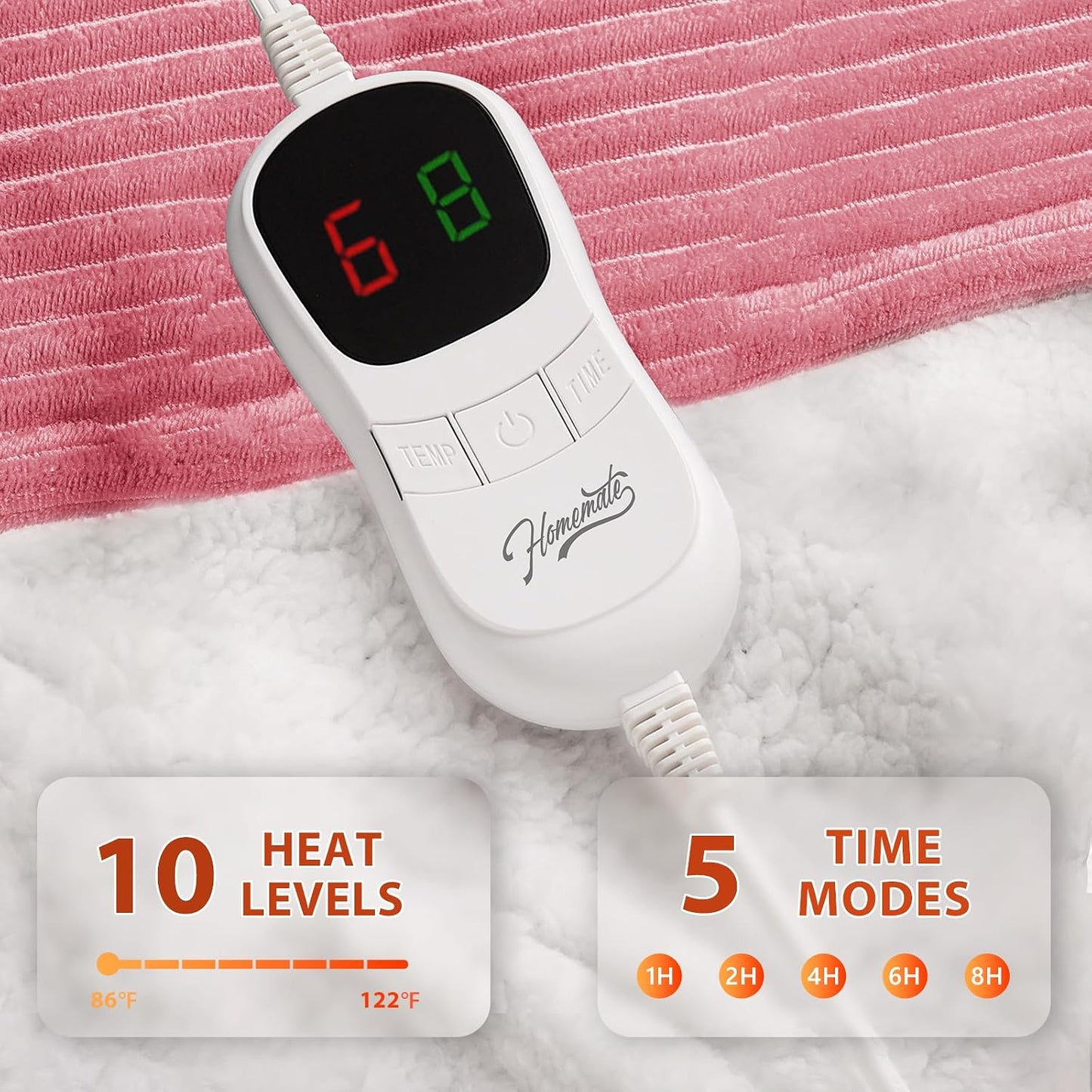 Homemate Heated Blanket Electric Throw - 50"x60" Heating Blanket Throw 1/2/4/6/8 Hours Auto-Off 10 Heat Levels Over-Heat Protection Soft Flannel Sherpa Heater ETL Certification